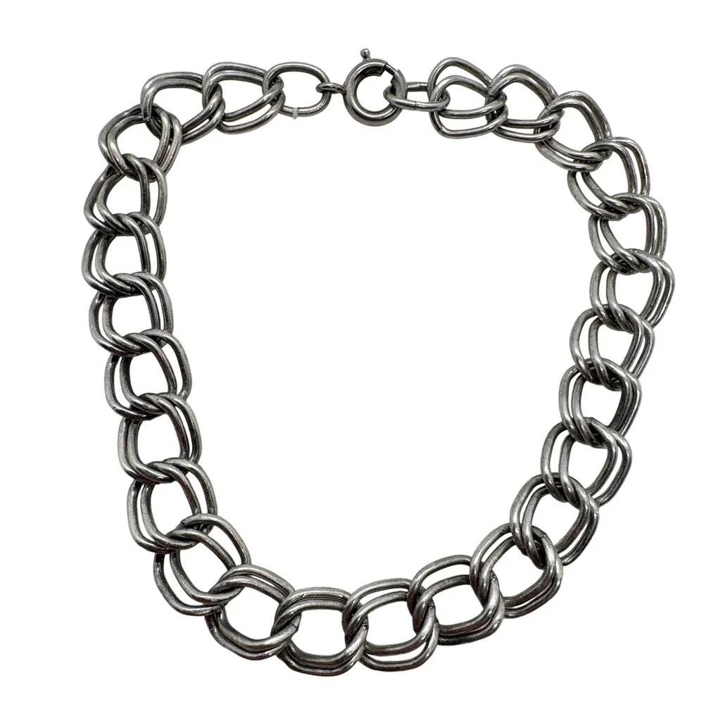 Vintage Sterling Silver Double Link Charm Bracelet 7 Inch 9.18g 925 Chain